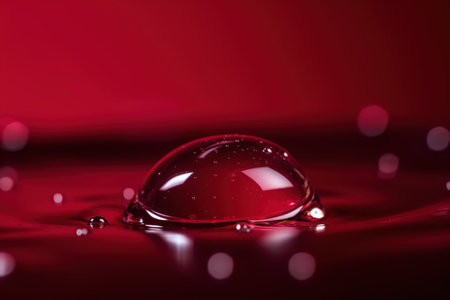 Water drop on a red background with some splashes and ripples. generative aiの素材