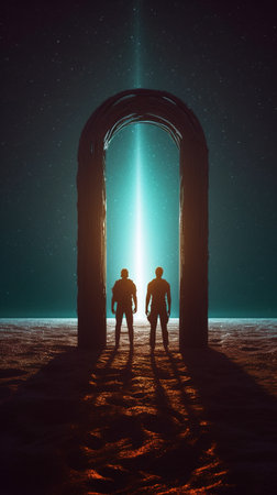 A group of people in front of an old door in another universe. generative aiの素材