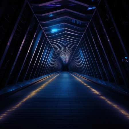 abstract dark blue tunnel with light in the end, perspective view. generative aiの素材