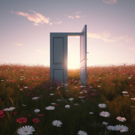 White door in the meadow at sunset. generative aiの素材