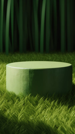 Round podium for product presentation on green grass background. generative aiの素材