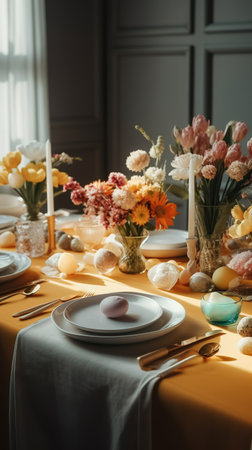 Easter table setting with tulips and candles in rustic style. generative aiの素材