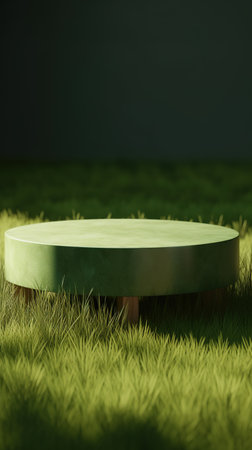 Round podium for product presentation on green grass background. generative aiの素材