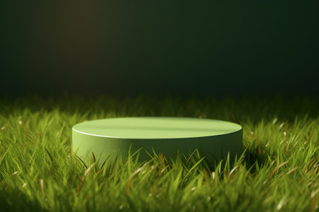 Round podium for product presentation on green grass background. generative aiの素材