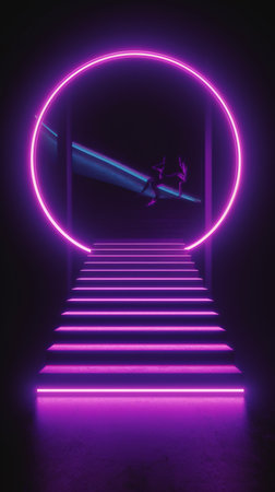 Abstract background with neon lights and stairs, night club display background. generative aiの素材
