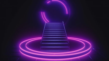Abstract background with neon lights and stairs, night club display background. generative aiの素材
