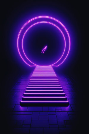 Abstract background with neon lights and stairs, night club display background. generative aiの素材