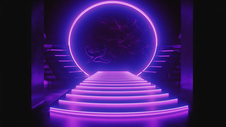 Abstract background with neon lights and stairs, night club display background. generative aiの素材