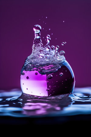 Water drops and splashes on purple background. Close-up. generative aiの素材