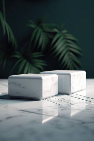 White marble podiums on white marble table with palm leaf shadow. generative aiの素材