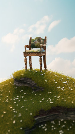 Old chair on a green meadow, with flowers and blue sky. generative aiの素材