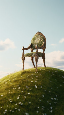 Luxury antique armchair on green hill with blue sky background. generative aiの素材
