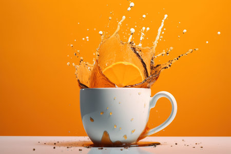 Splash of orange juice in a white cup on a yellow background. generative aiの素材