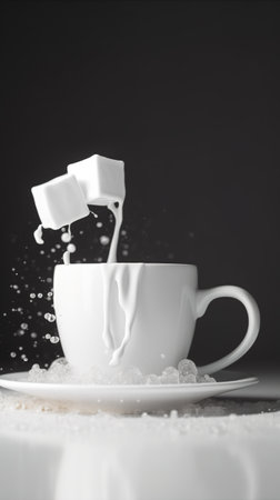 Milk splashing out of a white cup on a white table. generative aiの素材