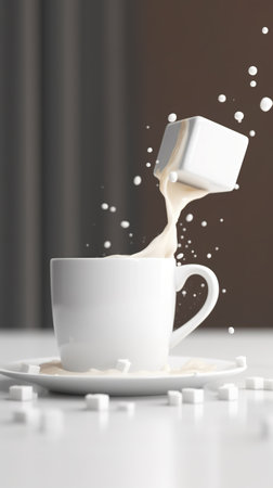 Milk splashing out of a white cup on a white table. generative aiの素材