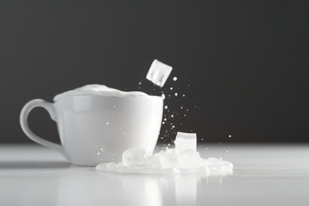 Milk splashing out of a white cup on a white table. generative aiの素材