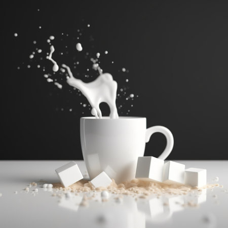Milk splashing out of a white cup on a white table. generative aiの素材