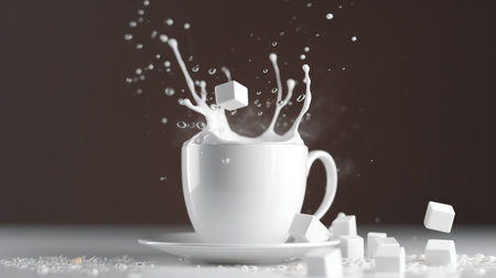 Milk splashing out of a white cup on a white table. generative aiの素材