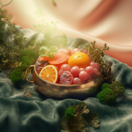 Fruit jelly candies in golden bowl on green fabric background. generative aiの素材