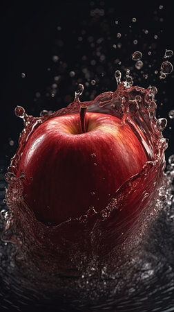 Red apple with water splash on black background. Healthy food concept. generative aiの素材
