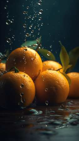 Fresh oranges with water drops on dark background. Shallow depth of field. generative aiの素材