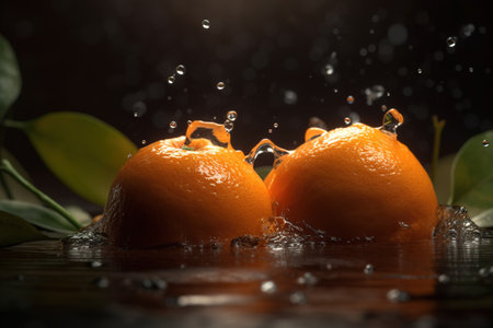 Fresh tangerines falling into water with splash on dark background. generative aiの素材