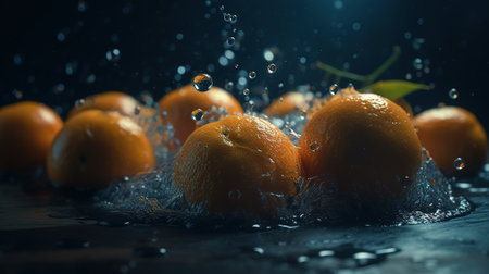 Fresh tangerines with water splash on dark background, closeup. generative aiの素材