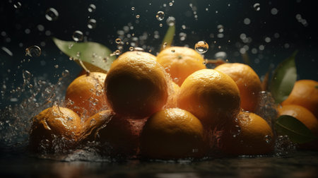 Fresh tangerines with water splash on dark background, closeup. generative aiの素材