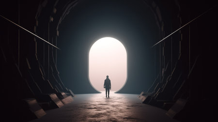 Silhouette of a man standing in a dark tunnel. generative aiの素材