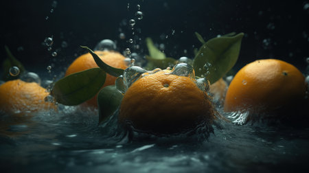 Fresh tangerines with water splash on dark background. Toned. generative aiの素材
