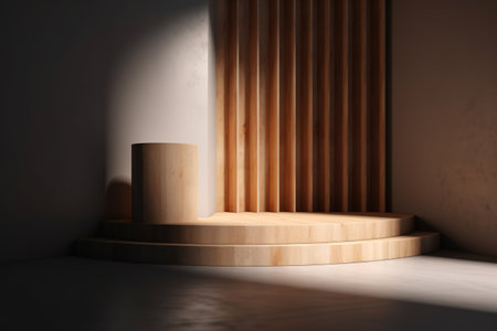 Wooden podium in a dark room with a concrete wall. generative aiの素材