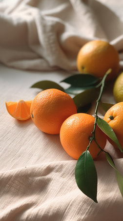 Fresh tangerines with green leaves on white tablecloth, closeupの素材