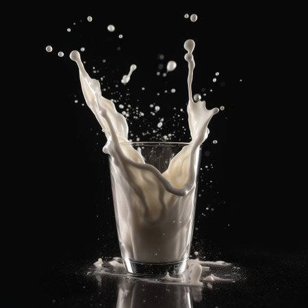 Milk splashing out of a glass, isolated on black background. generative aiの素材