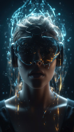 Close-up portrait of a girl in a virtual reality helmet. generative aiの素材