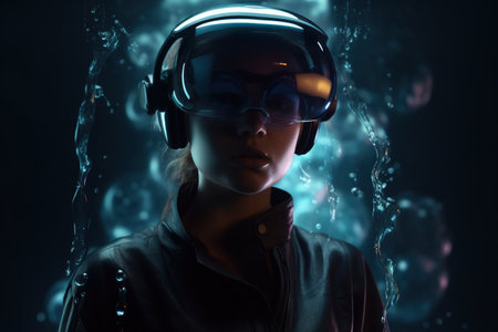 Close-up portrait of a girl in a virtual reality helmet. generative aiの素材