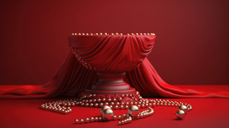 Red velvet curtain with a golden podium on a dark red background. generative aiの素材