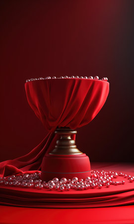Red velvet curtain with a golden podium on a dark red background. generative aiの素材