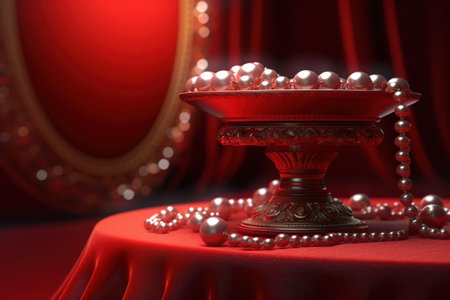 Red velvet curtain with a golden podium on a dark red background. generative aiの素材