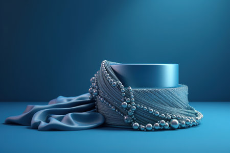 Podium with blue cloth and pearls on blue background. generative aiの素材