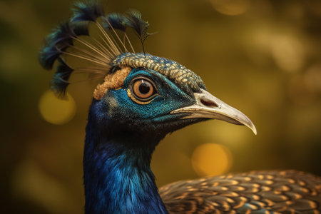 Portrait of a beautiful peacock with feathers on his head. generative aiの素材