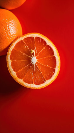 Slices of orange on a red background. Top view. Copy space. generative aiの素材