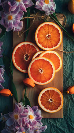 Grapefruit and spring flowers on a green background. Flat lay, top view. generative aiの素材