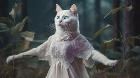 White cat with blue eyes in a white dress in the forest. generative aiの素材