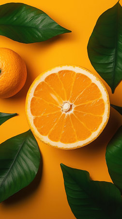 Orange fruit and green leaves on orange background. Flat lay, top view. generative aiの素材