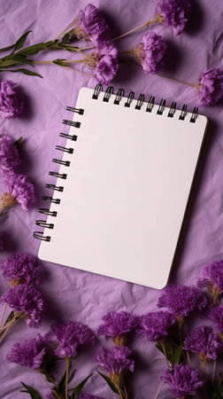 Blank notepad and purple flowers on pink background, top view. generative aiの素材
