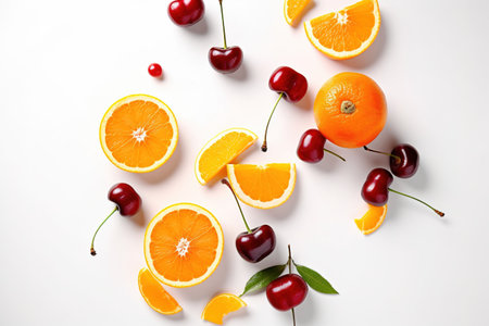 Cherries and oranges on white background, top view. Flat lay. generative aiの素材