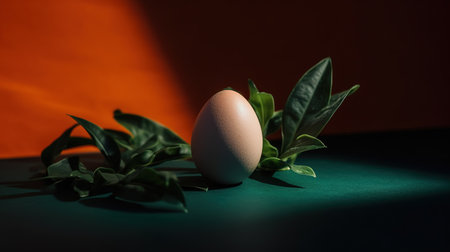 Easter egg and green plant on orange background with copy space. generative aiの素材