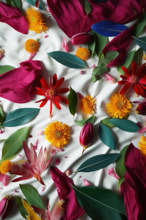 Flowers composition. Colorful flowers on white background. Flat lay, top view. generative aiの素材