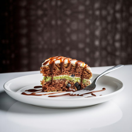 Piece of chocolate cake on a white plate. Selective focus. generative aiの素材