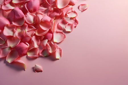 Pink rose petals on pink background. Top view with copy space. generative aiの素材